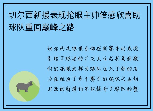 切尔西新援表现抢眼主帅倍感欣喜助球队重回巅峰之路
