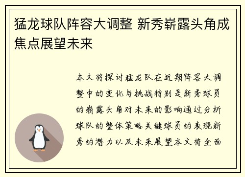 猛龙球队阵容大调整 新秀崭露头角成焦点展望未来