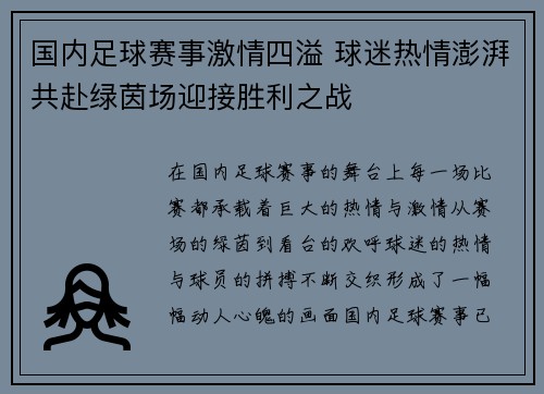 国内足球赛事激情四溢 球迷热情澎湃共赴绿茵场迎接胜利之战
