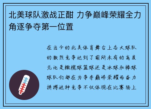北美球队激战正酣 力争巅峰荣耀全力角逐争夺第一位置