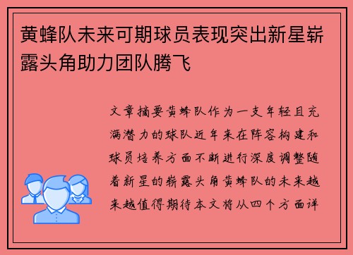 黄蜂队未来可期球员表现突出新星崭露头角助力团队腾飞