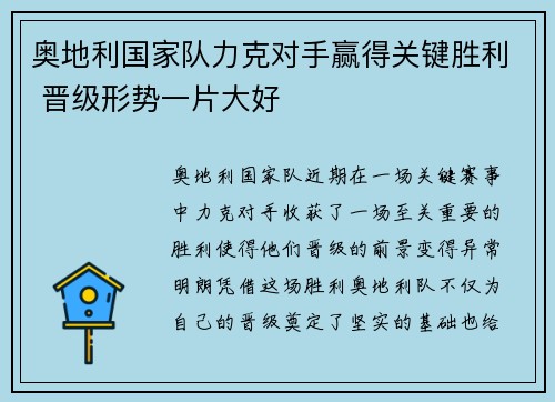 奥地利国家队力克对手赢得关键胜利 晋级形势一片大好