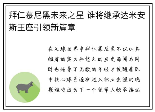 拜仁慕尼黑未来之星 谁将继承达米安斯王座引领新篇章