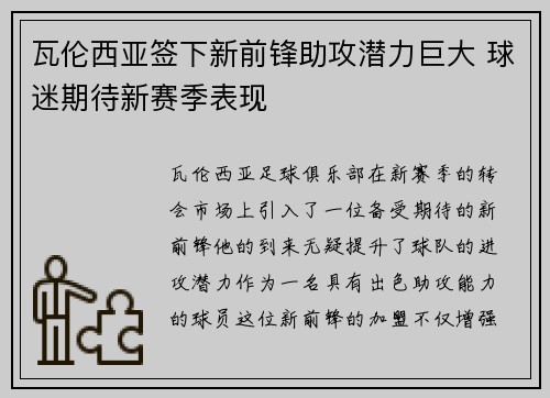 瓦伦西亚签下新前锋助攻潜力巨大 球迷期待新赛季表现