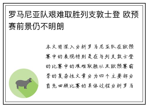 罗马尼亚队艰难取胜列支敦士登 欧预赛前景仍不明朗