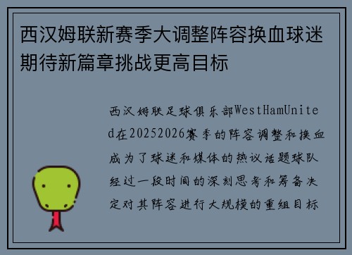 西汉姆联新赛季大调整阵容换血球迷期待新篇章挑战更高目标