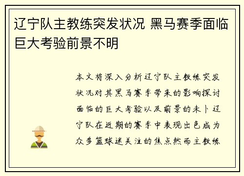 辽宁队主教练突发状况 黑马赛季面临巨大考验前景不明