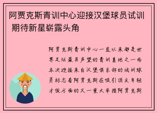 阿贾克斯青训中心迎接汉堡球员试训 期待新星崭露头角