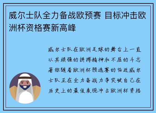 威尔士队全力备战欧预赛 目标冲击欧洲杯资格赛新高峰