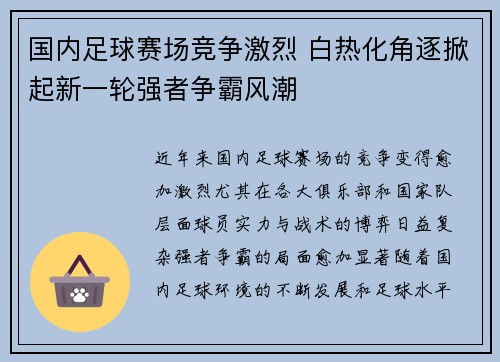 国内足球赛场竞争激烈 白热化角逐掀起新一轮强者争霸风潮